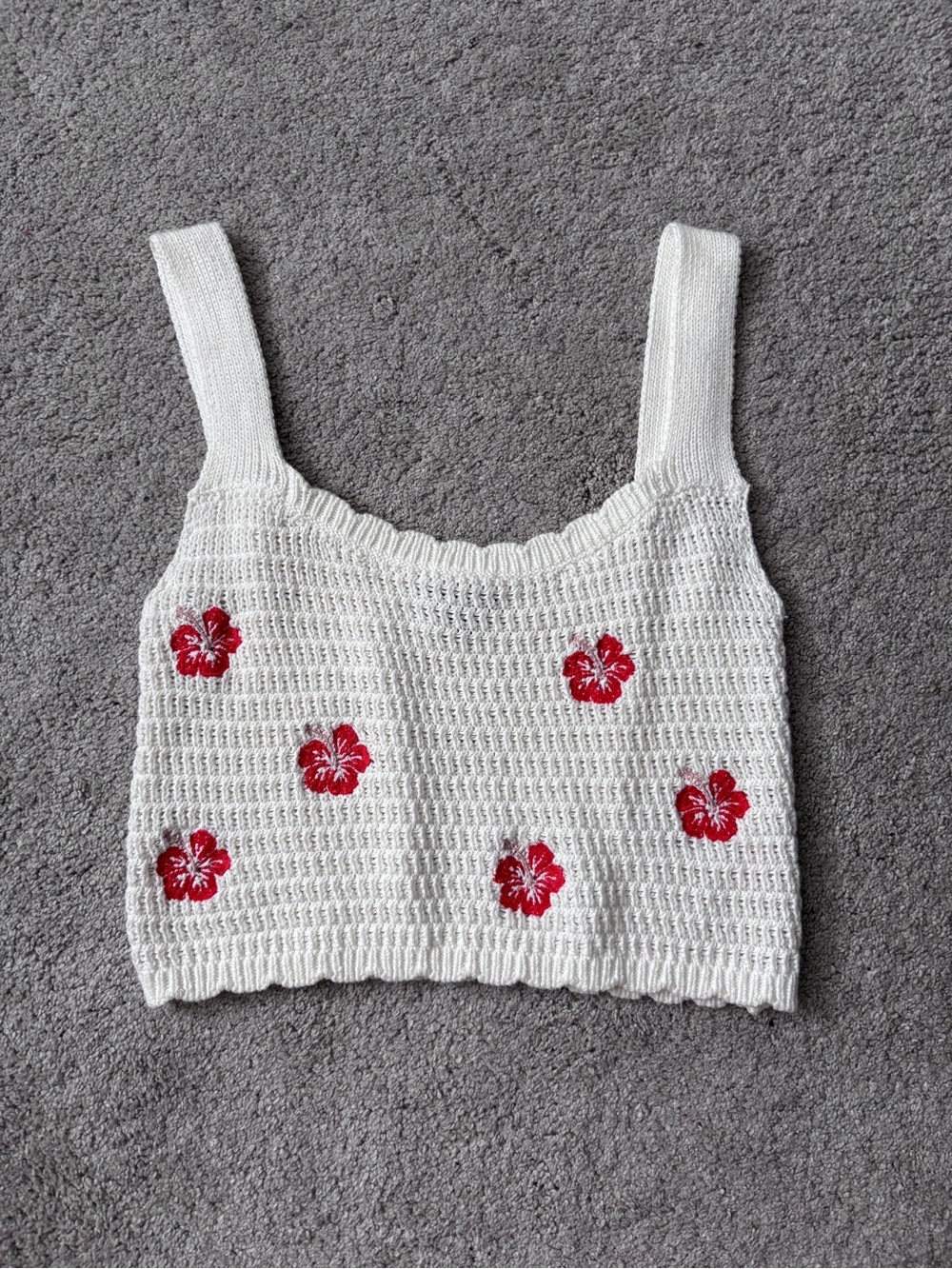 Crochet White Tank Top with Pink Flower Embroidery